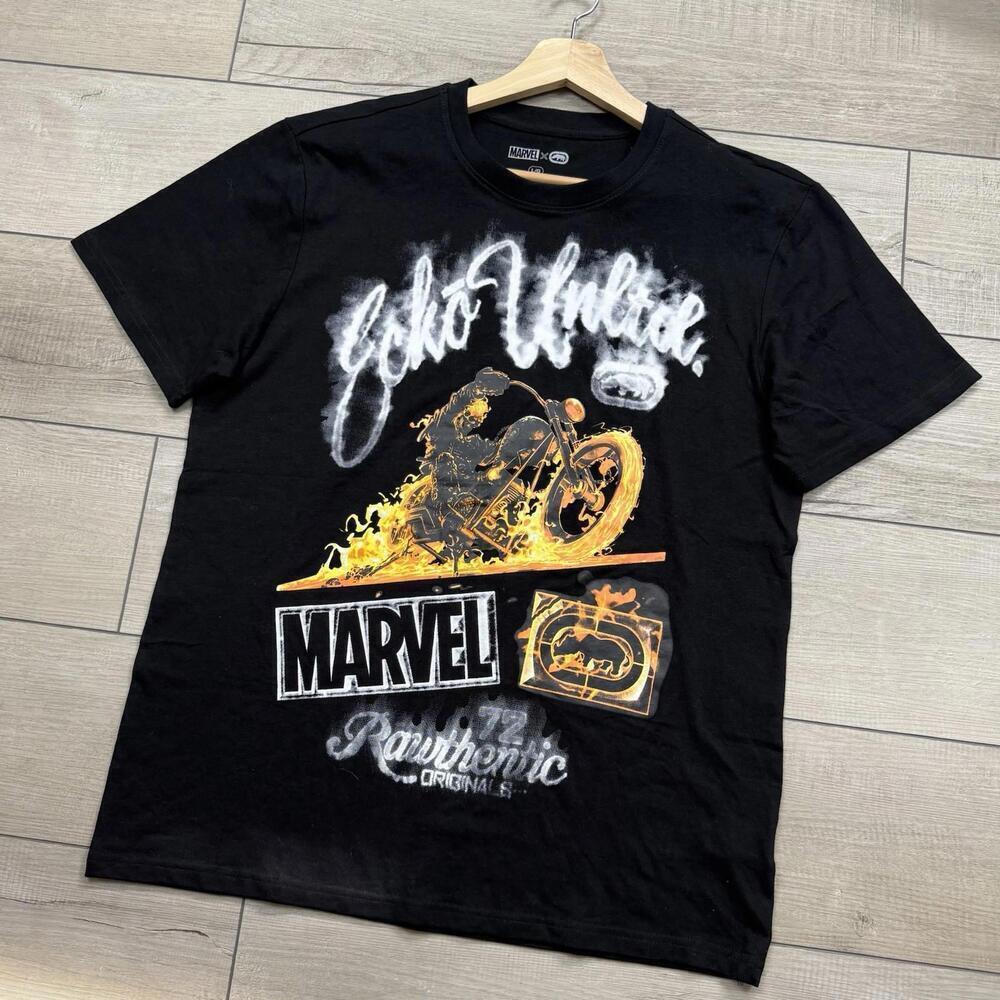 Marvel x Ecko Unltd Ghost Rider T-Shirt Sz L Black Flame Motorcycle Graphic Y2K